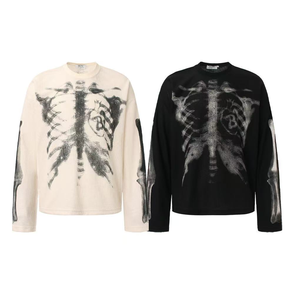 Streetwear Bone Print Waffle Knit Long Sleeve