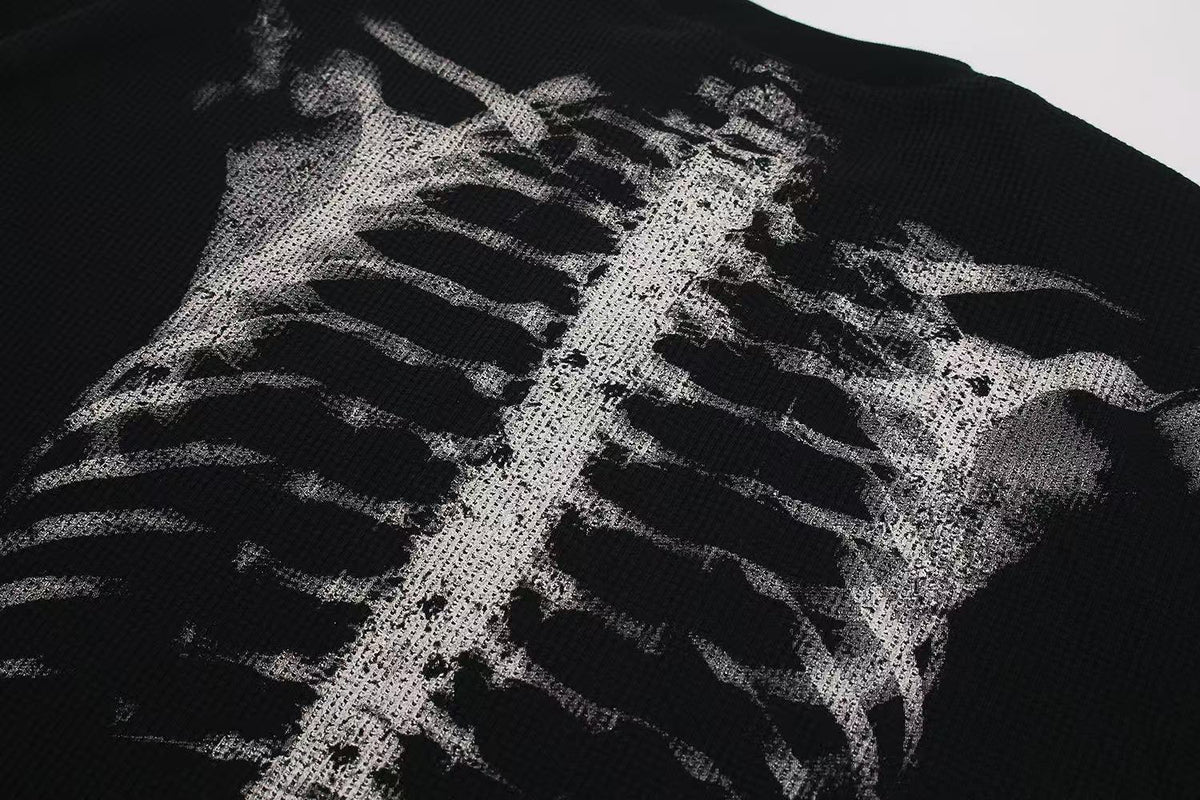 Streetwear Bone Print Waffle Knit Long Sleeve