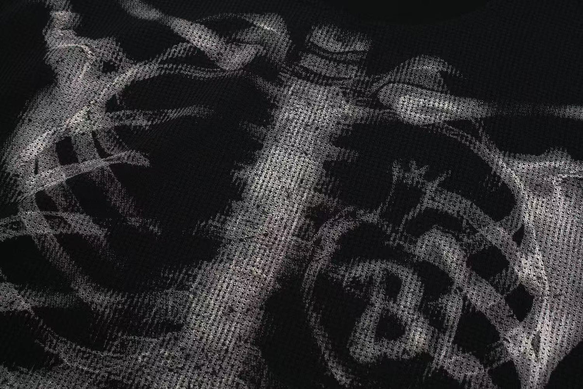 Streetwear Bone Print Waffle Knit Long Sleeve