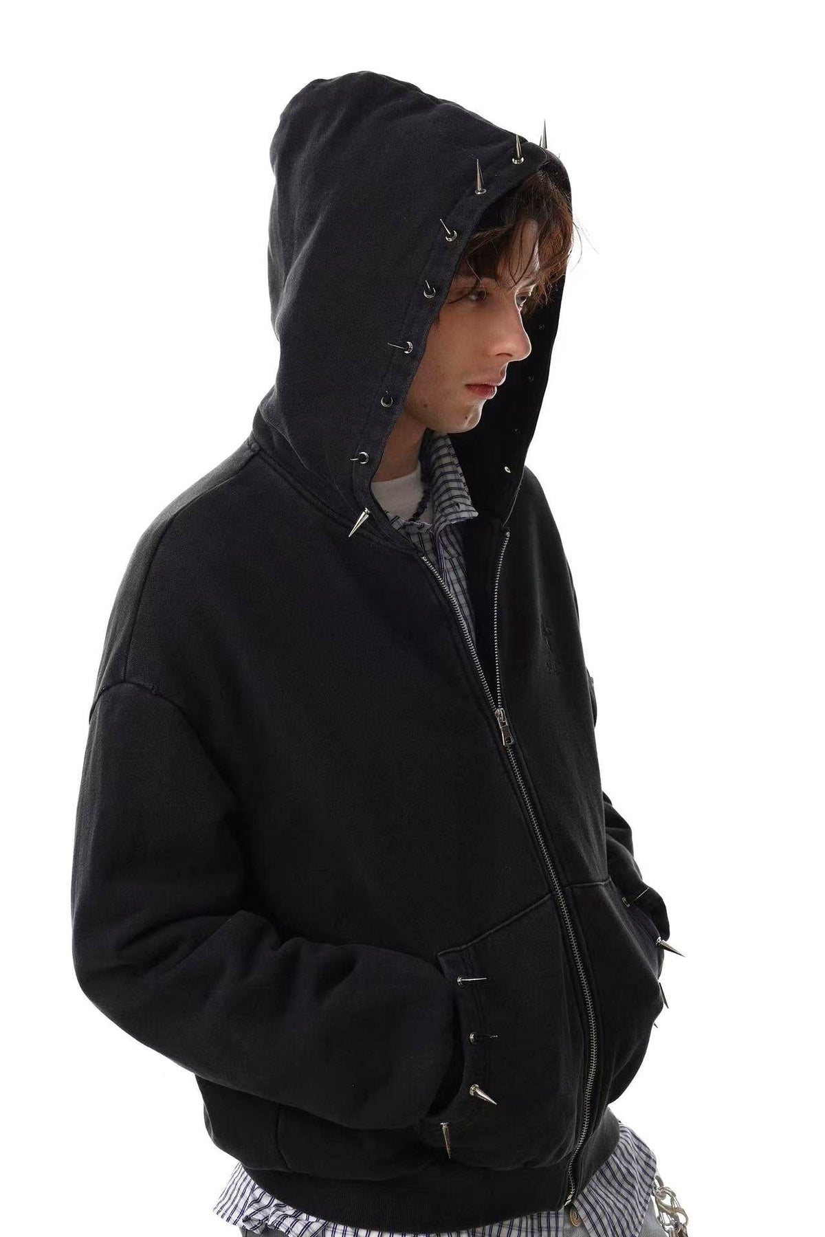 Street Style Retro Studded Zip-Up Hoodie