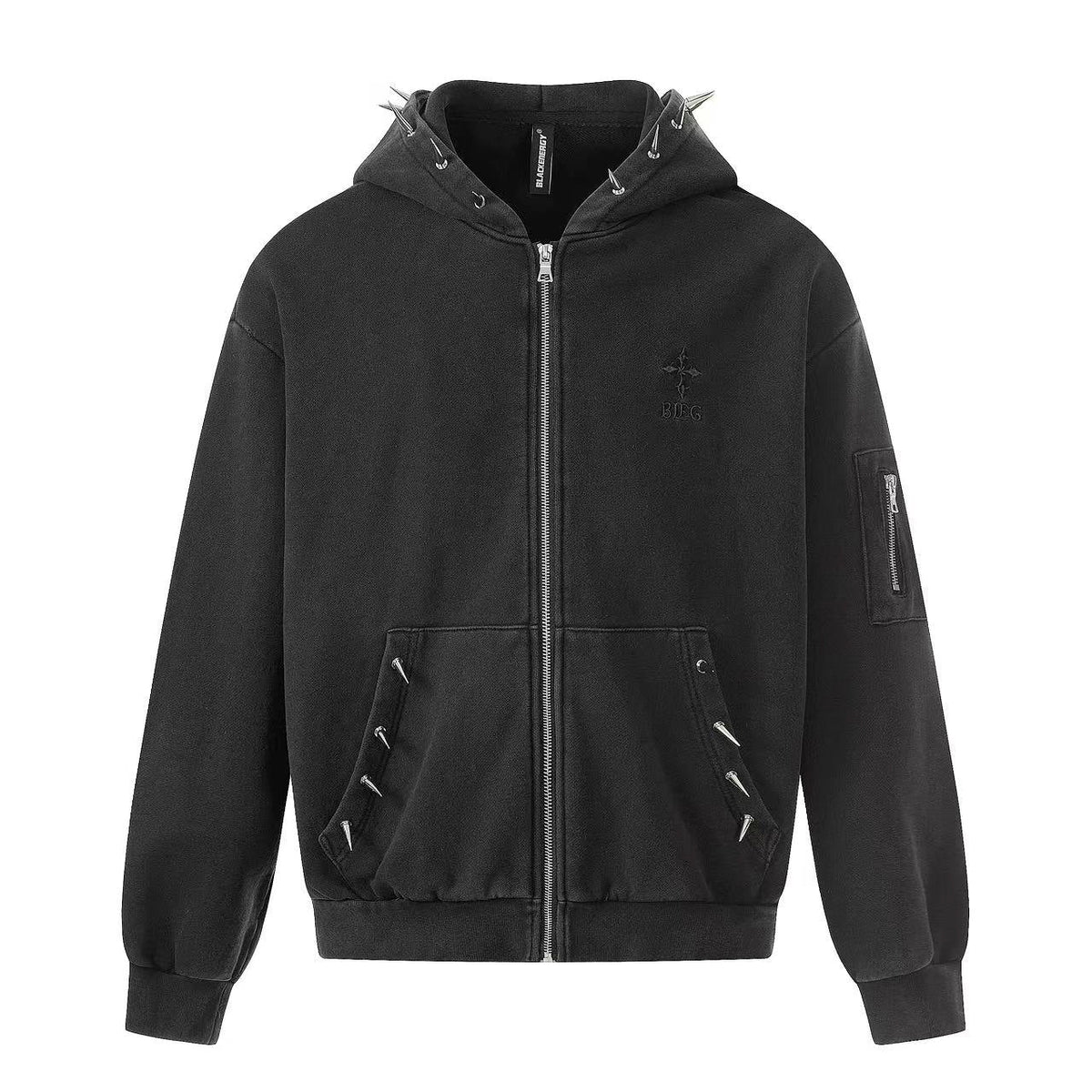 Street Style Retro Studded Zip-Up Hoodie