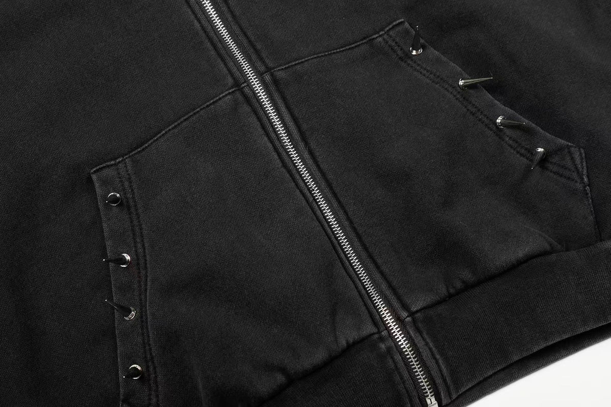 Street Style Retro Studded Zip-Up Hoodie