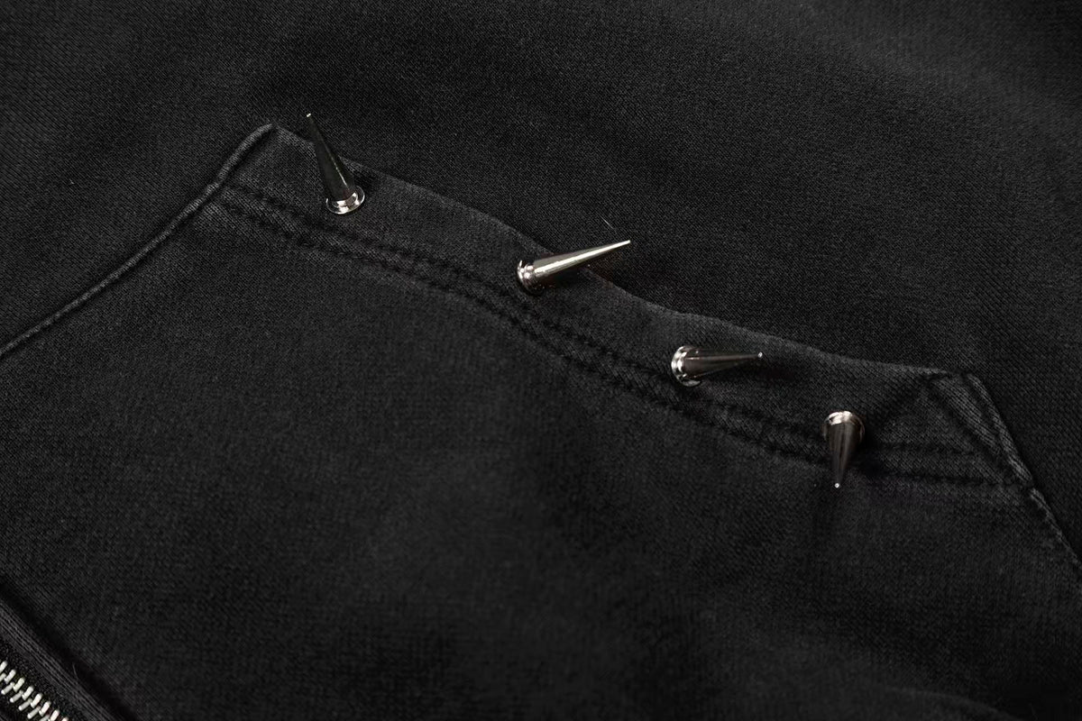 Street Style Retro Studded Zip-Up Hoodie