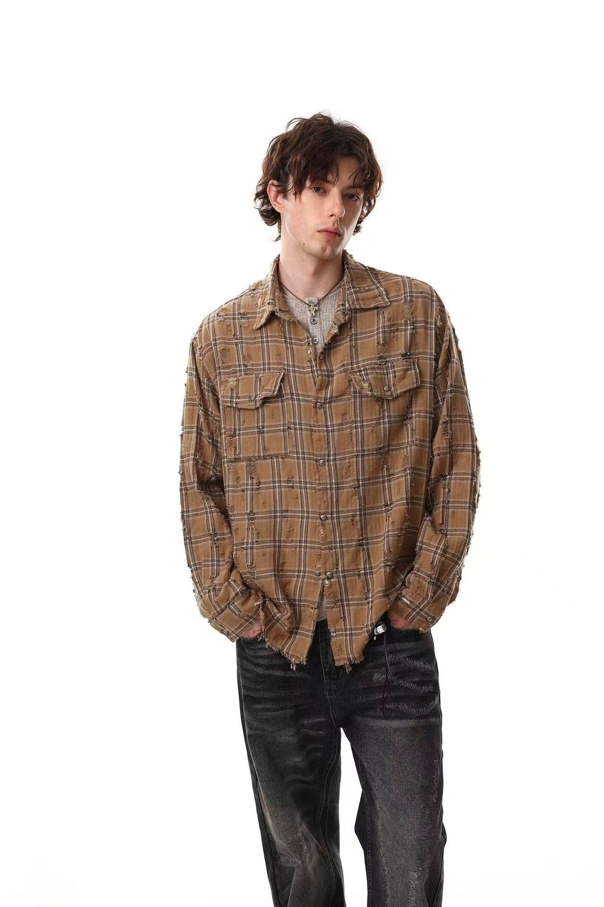 Streetwear Distressed Ripped Plaid Long Sleeve Shirt