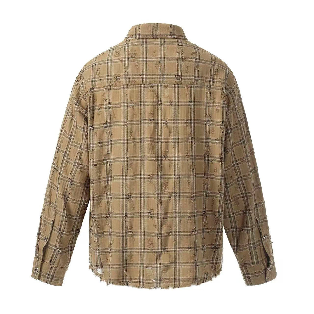 Streetwear Distressed Ripped Plaid Long Sleeve Shirt