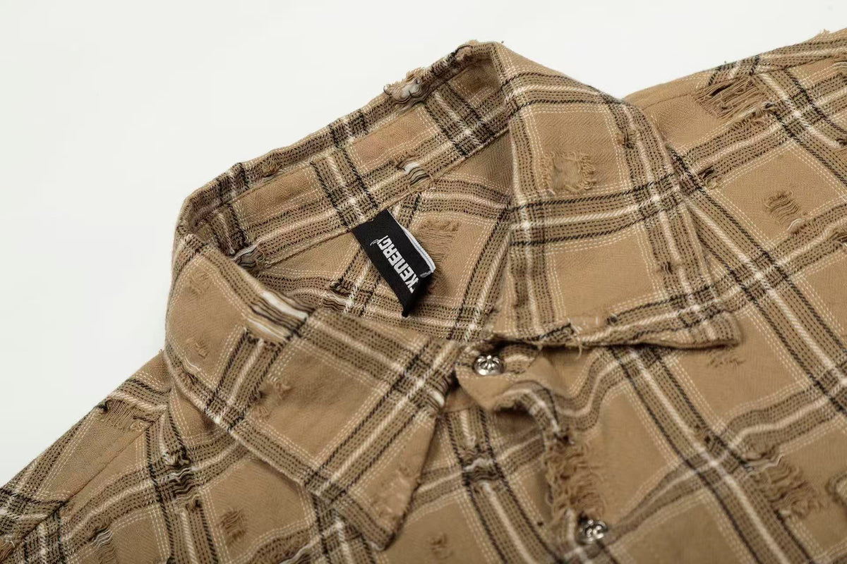 Streetwear Distressed Ripped Plaid Long Sleeve Shirt