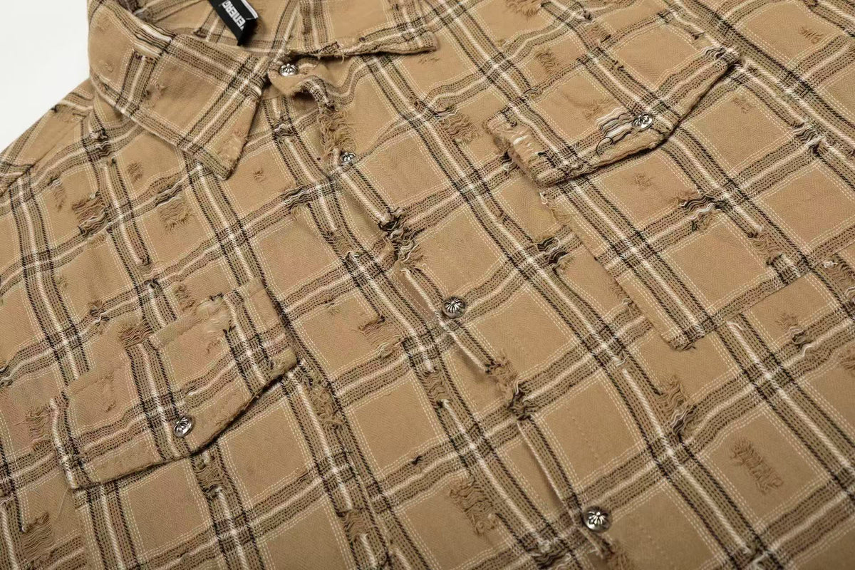Streetwear Distressed Ripped Plaid Long Sleeve Shirt