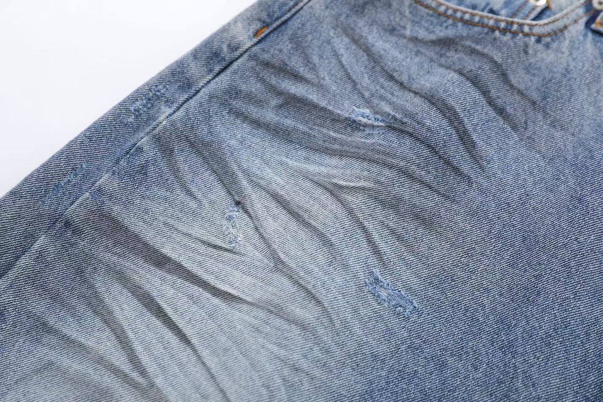 Distressed Washed  Wide-Leg Denim Jorts