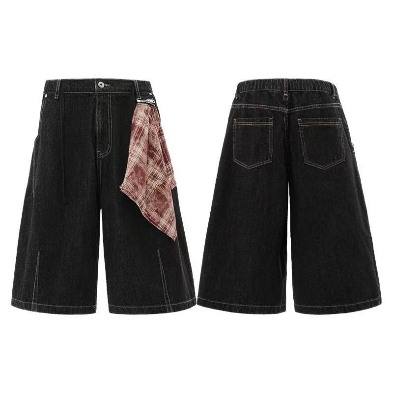 Vintage Washed Detachable Plaid Bandana Wide-Leg Jorts