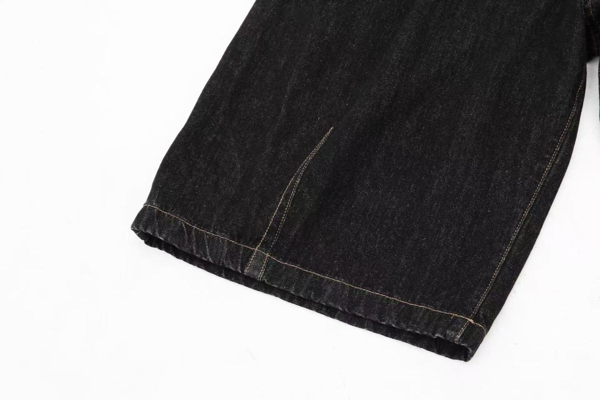 Vintage Washed Detachable Plaid Bandana Wide-Leg Jorts