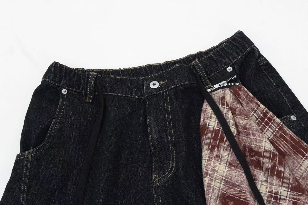 Vintage Washed Detachable Plaid Bandana Wide-Leg Jorts