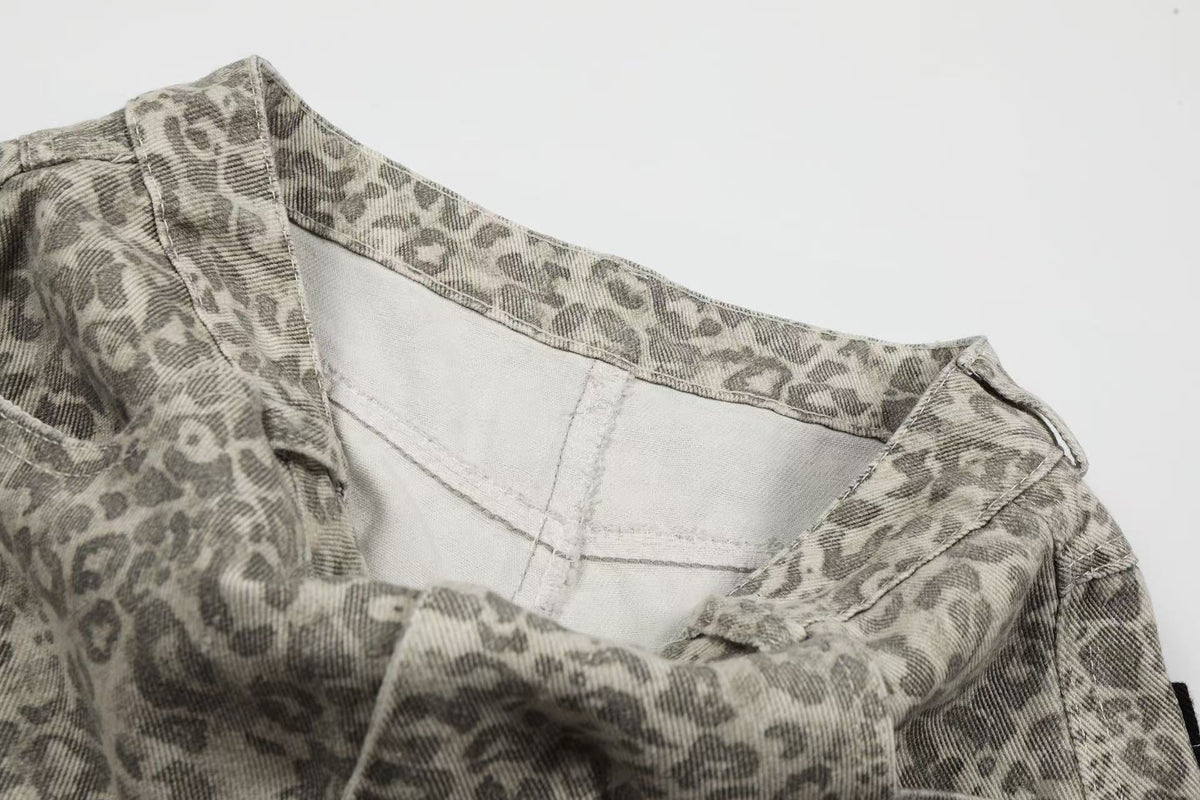 Distressed Leopard  Print Baggy Wide-Leg Jorts