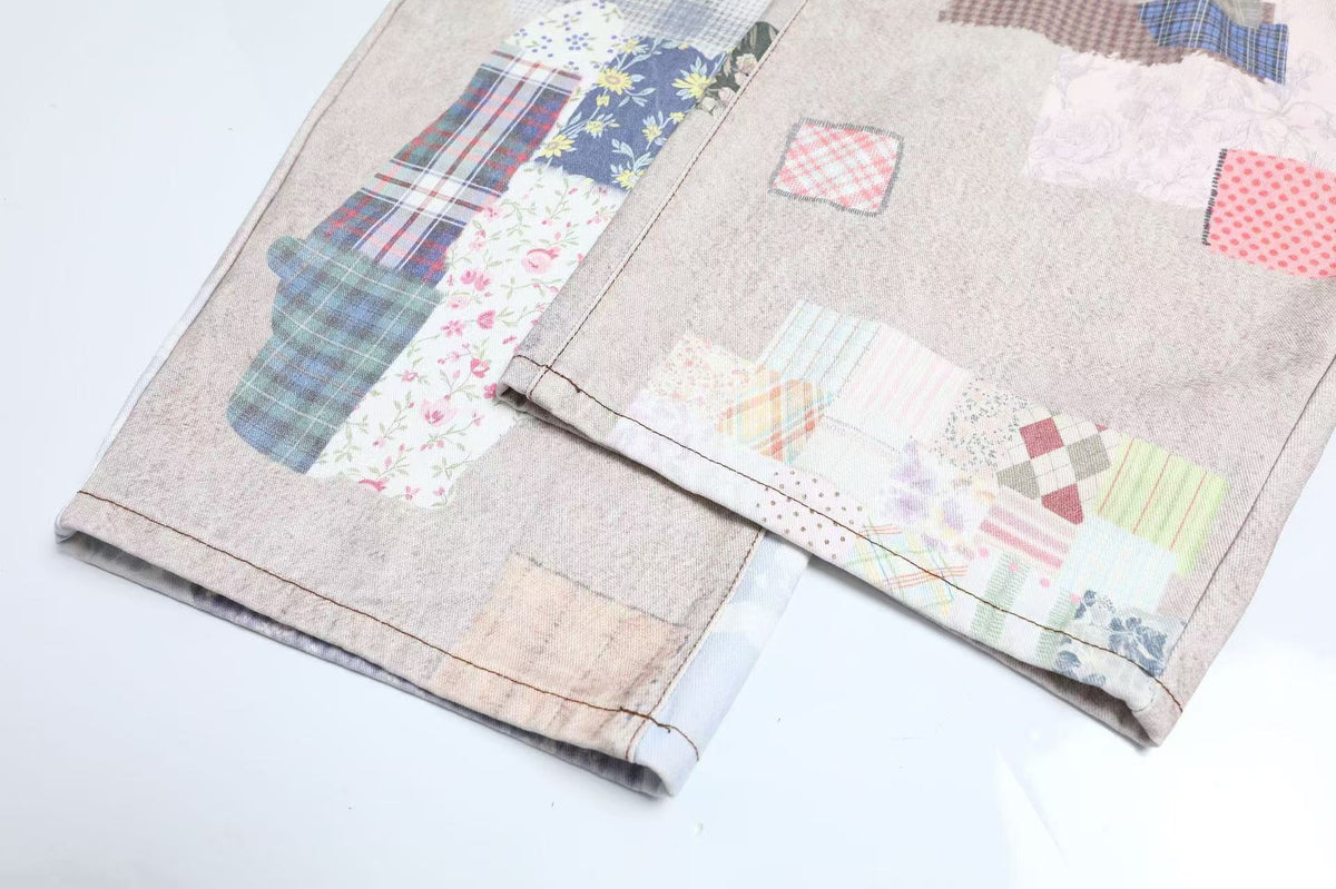 Vintage Patchwork Print Baggy Jeans