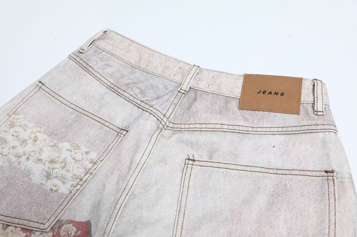 Vintage Patchwork Print Baggy Jeans