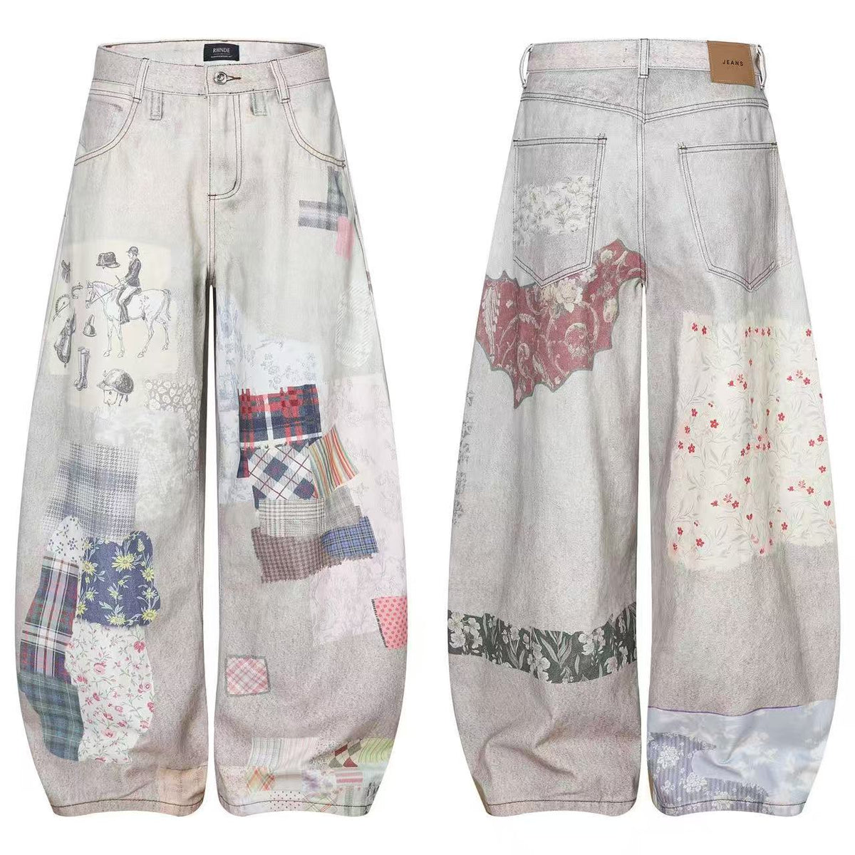 Vintage Patchwork Print Baggy Jeans