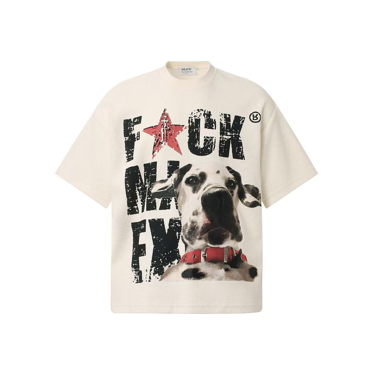 Streetwear Waffle Knit Slogan & Dog Print T-Shirt
