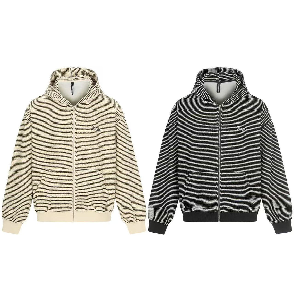 Studded Bear Ear Striped Zip-Up Hoodie