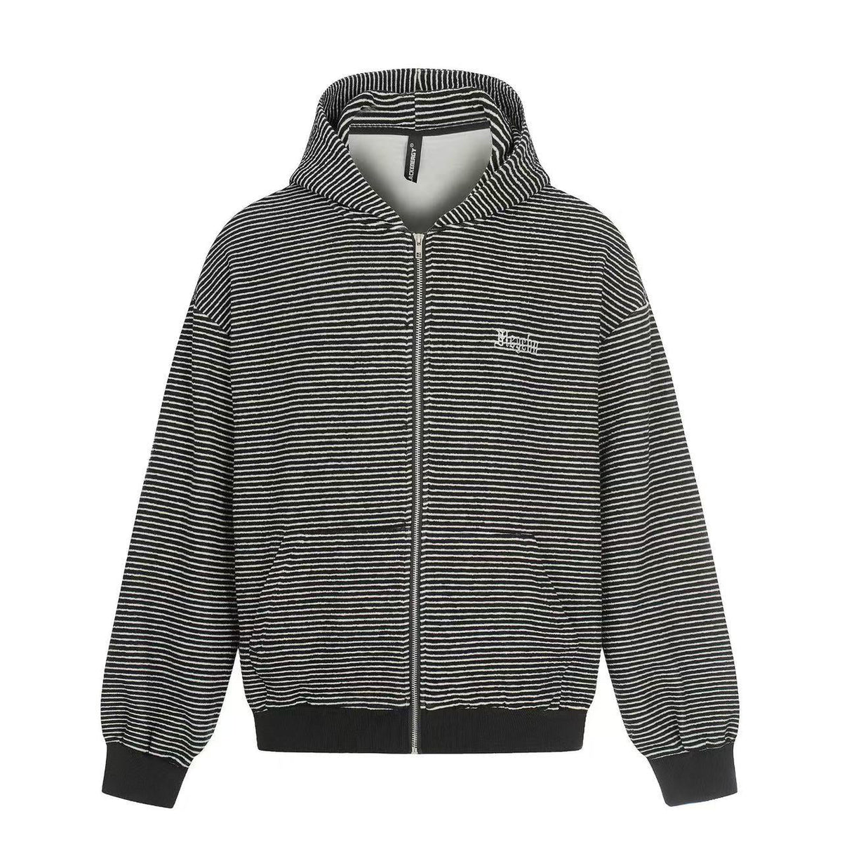 Studded Bear Ear Striped Zip-Up Hoodie