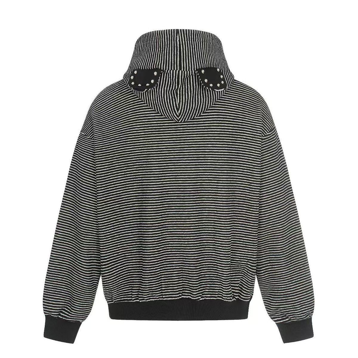 Studded Bear Ear Striped Zip-Up Hoodie