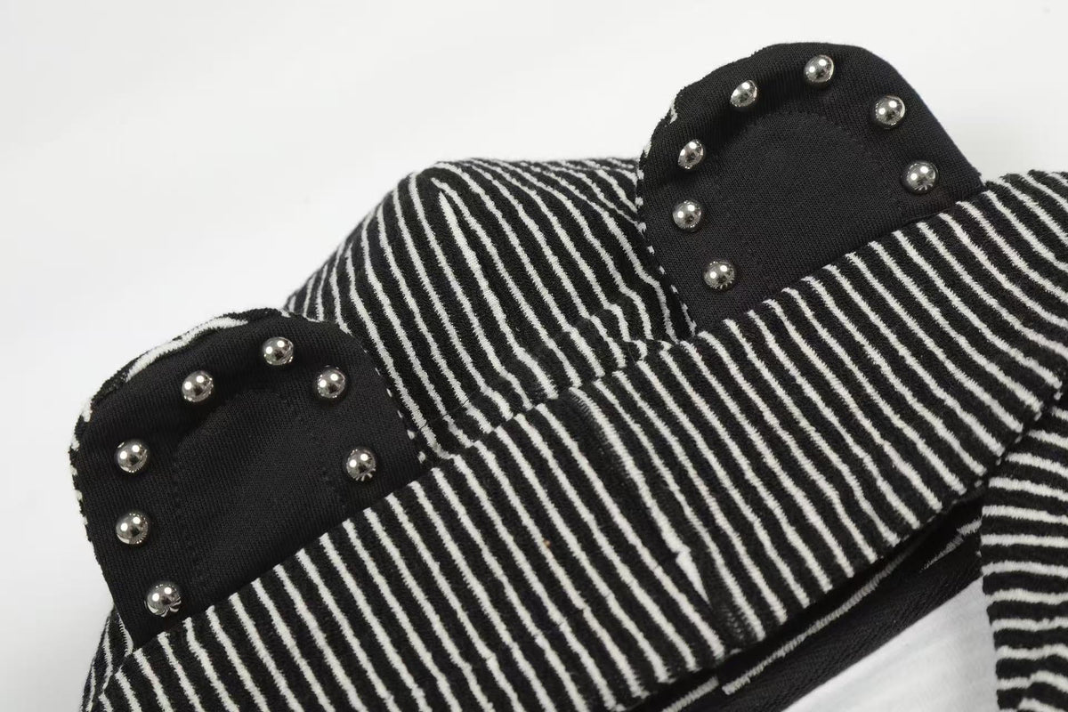 Studded Bear Ear Striped Zip-Up Hoodie