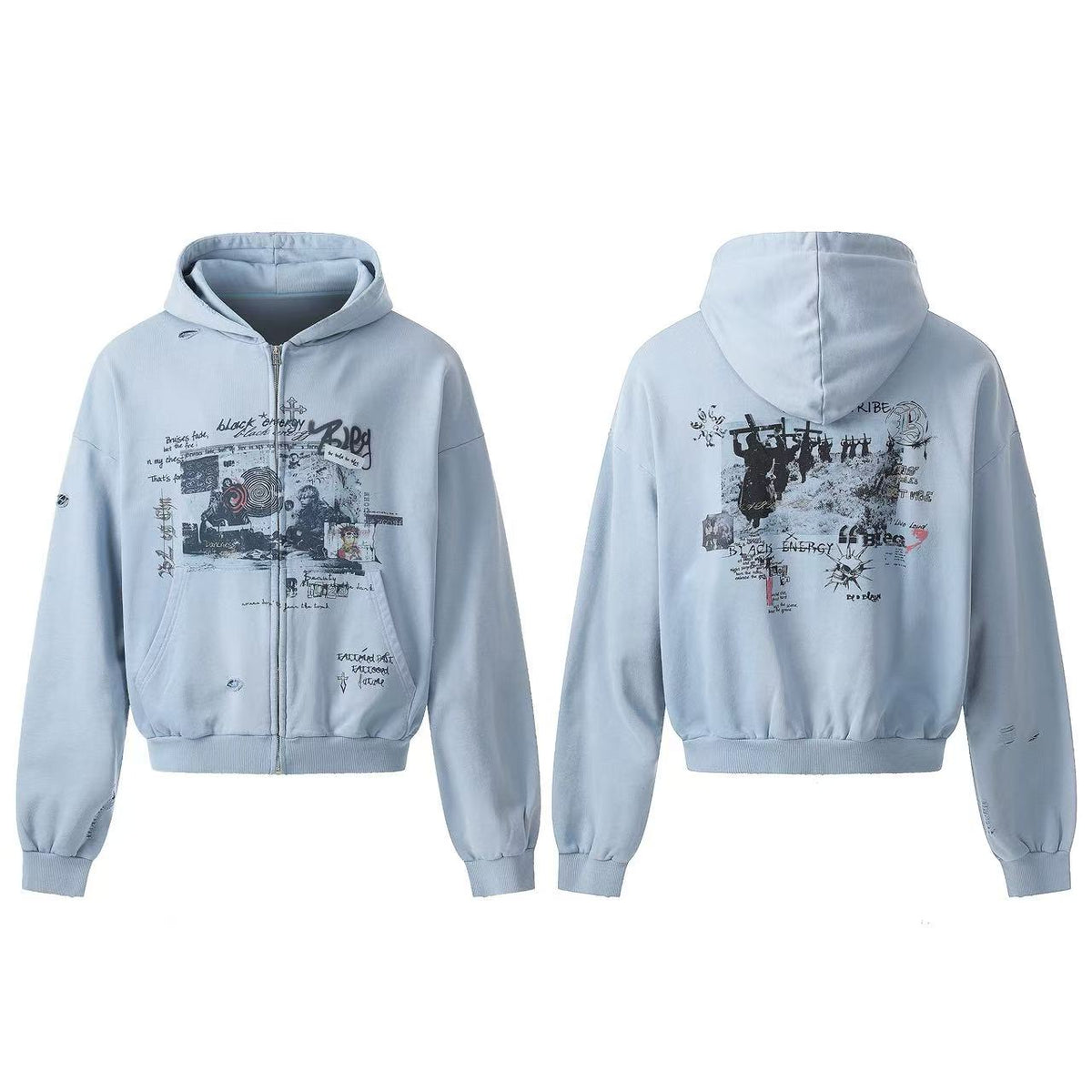 Vintage Wash Graffiti Print Zip-Up Hoodie