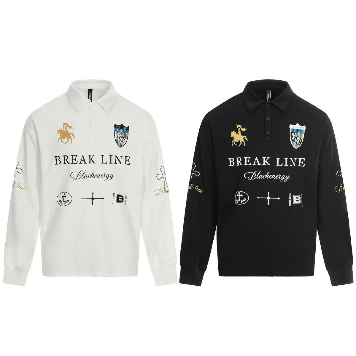 Streetwear Heraldic Crest Print Long Sleeve Polo Shirt