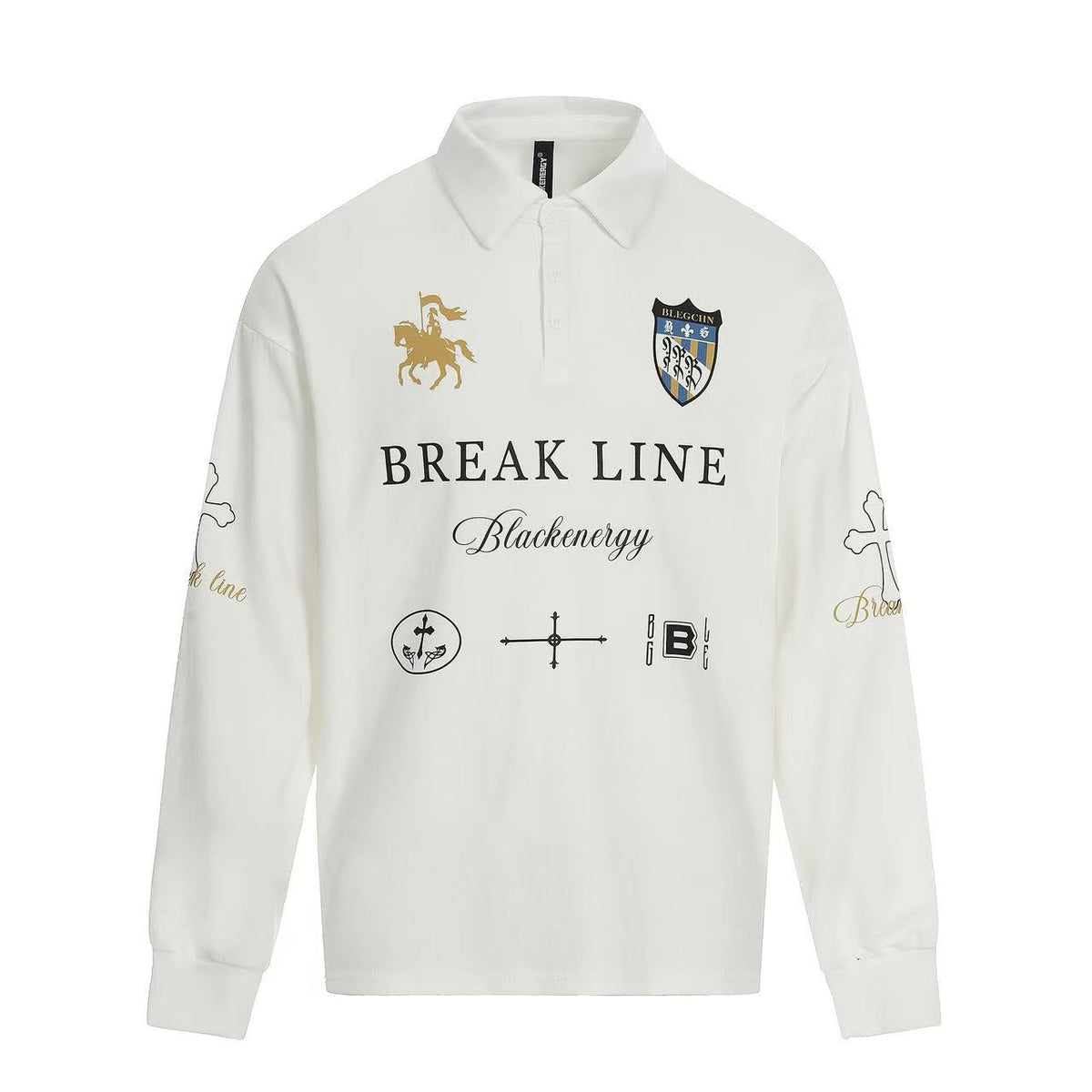 Streetwear Heraldic Crest Print Long Sleeve Polo Shirt