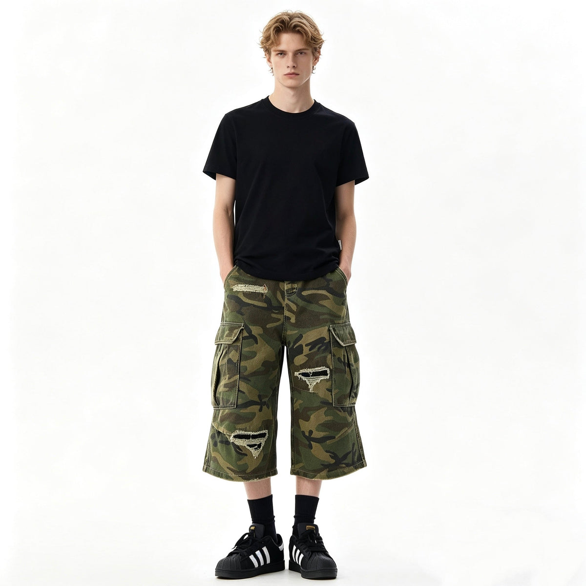 Distressed Camo Knee-Length Jorts