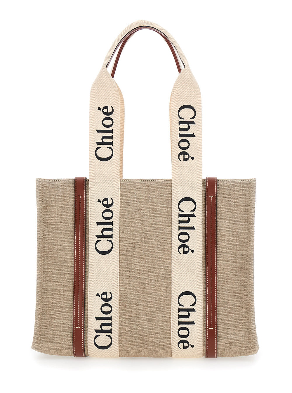Chloé Women Handbag 'Woody' Medium With Logo Lettering On The Front In Beige Linen For Women