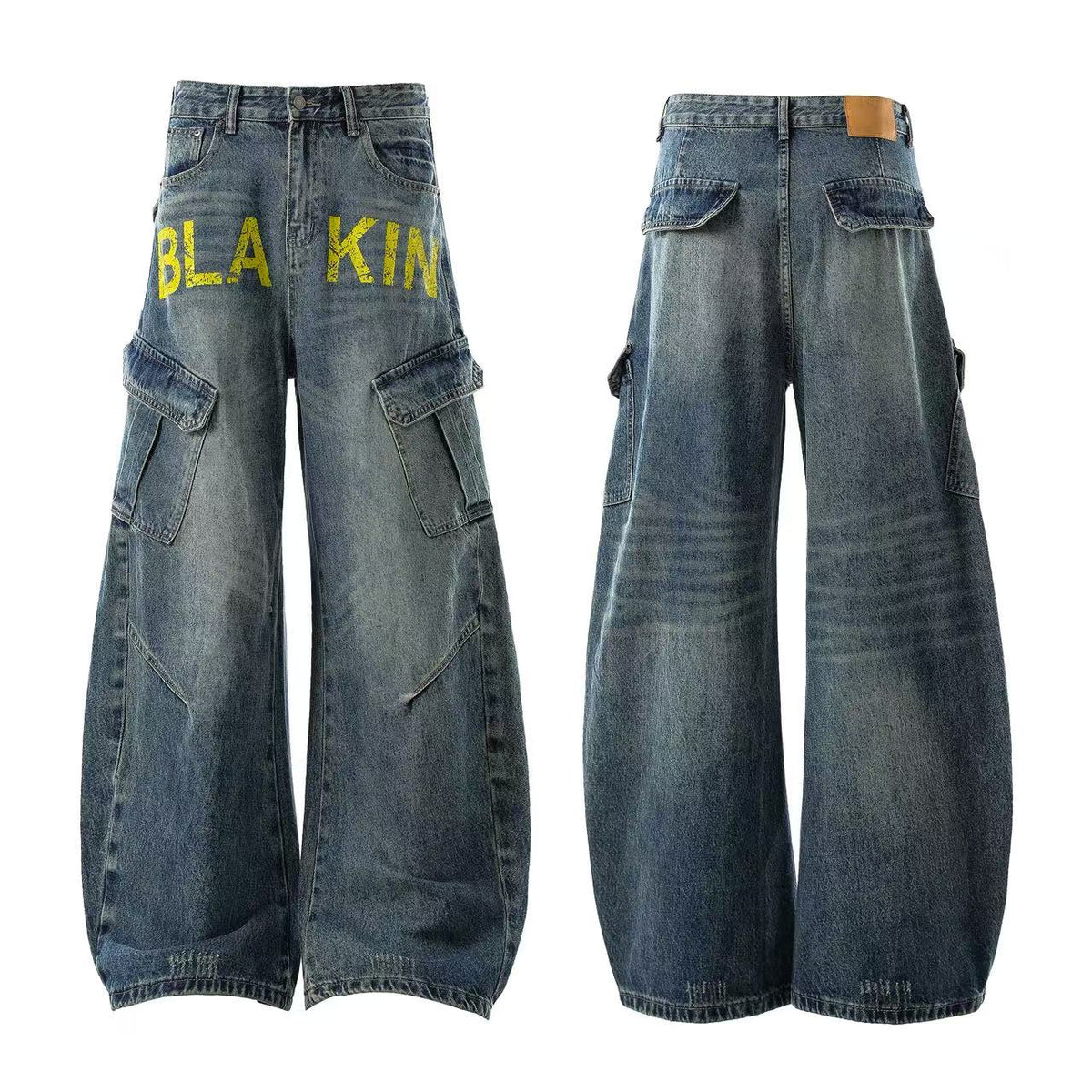 Vintage Washed Print Wide-Leg Baggy Jeans