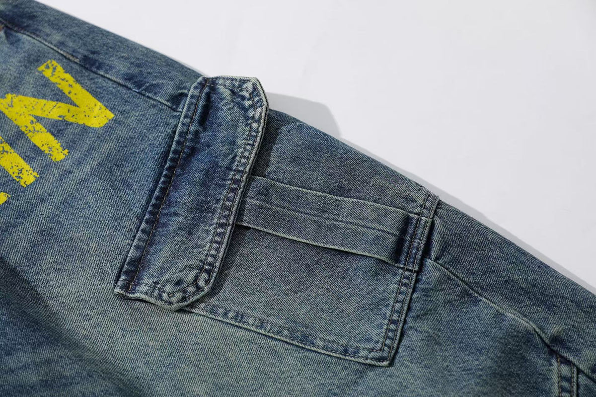 Vintage Washed Print Wide-Leg Baggy Jeans