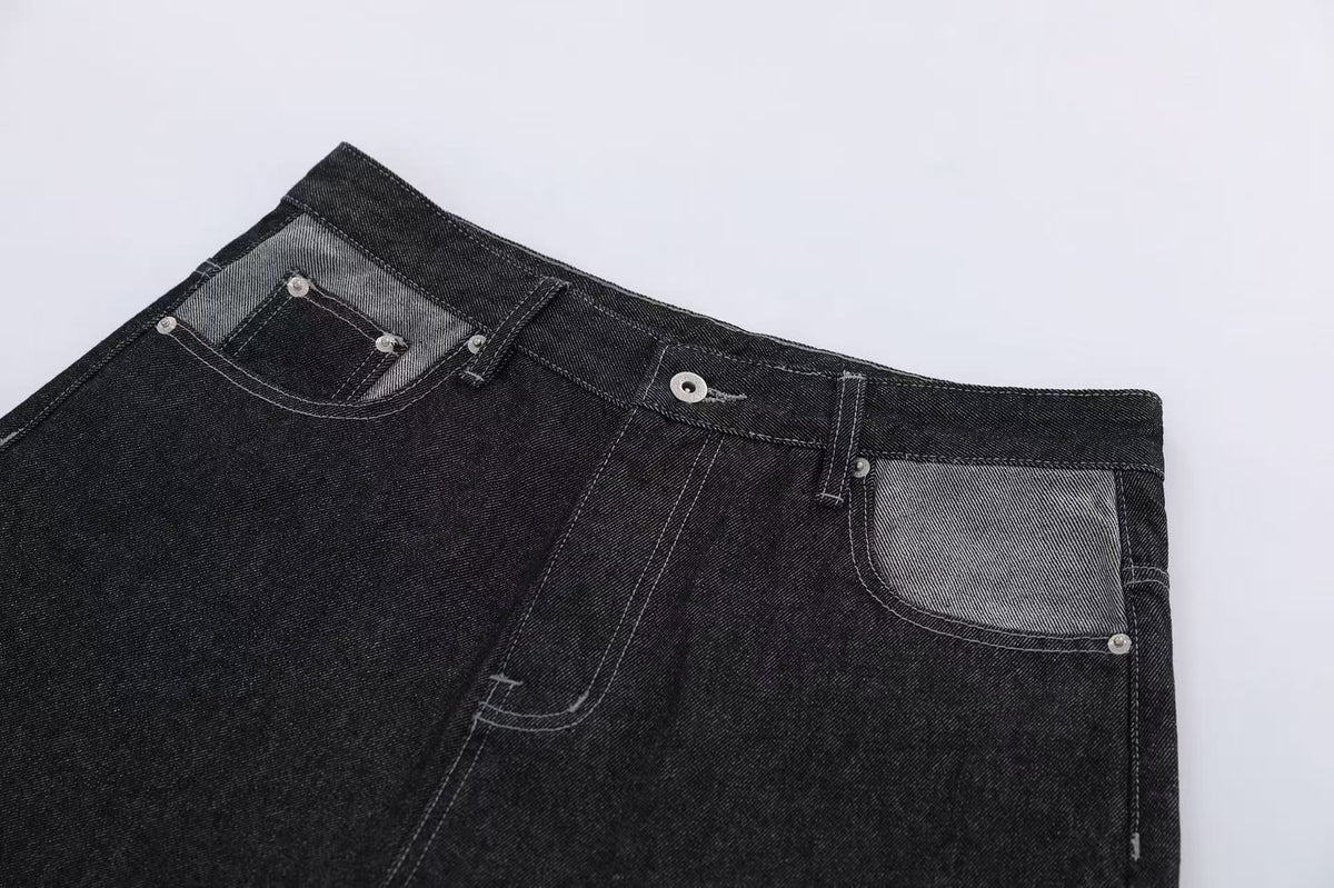 Contrast Pocket Panels Wide-Leg Denim Jorts