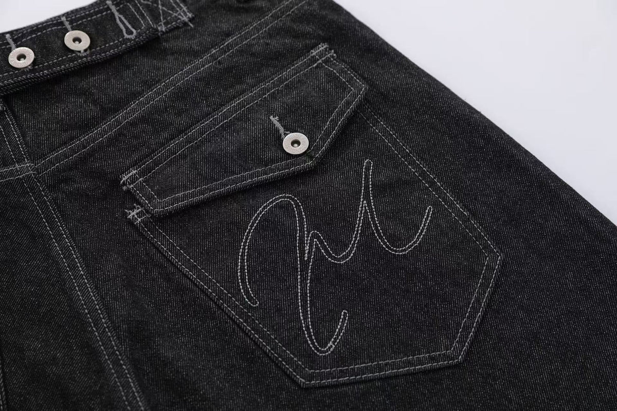 Contrast Pocket Panels Wide-Leg Denim Jorts