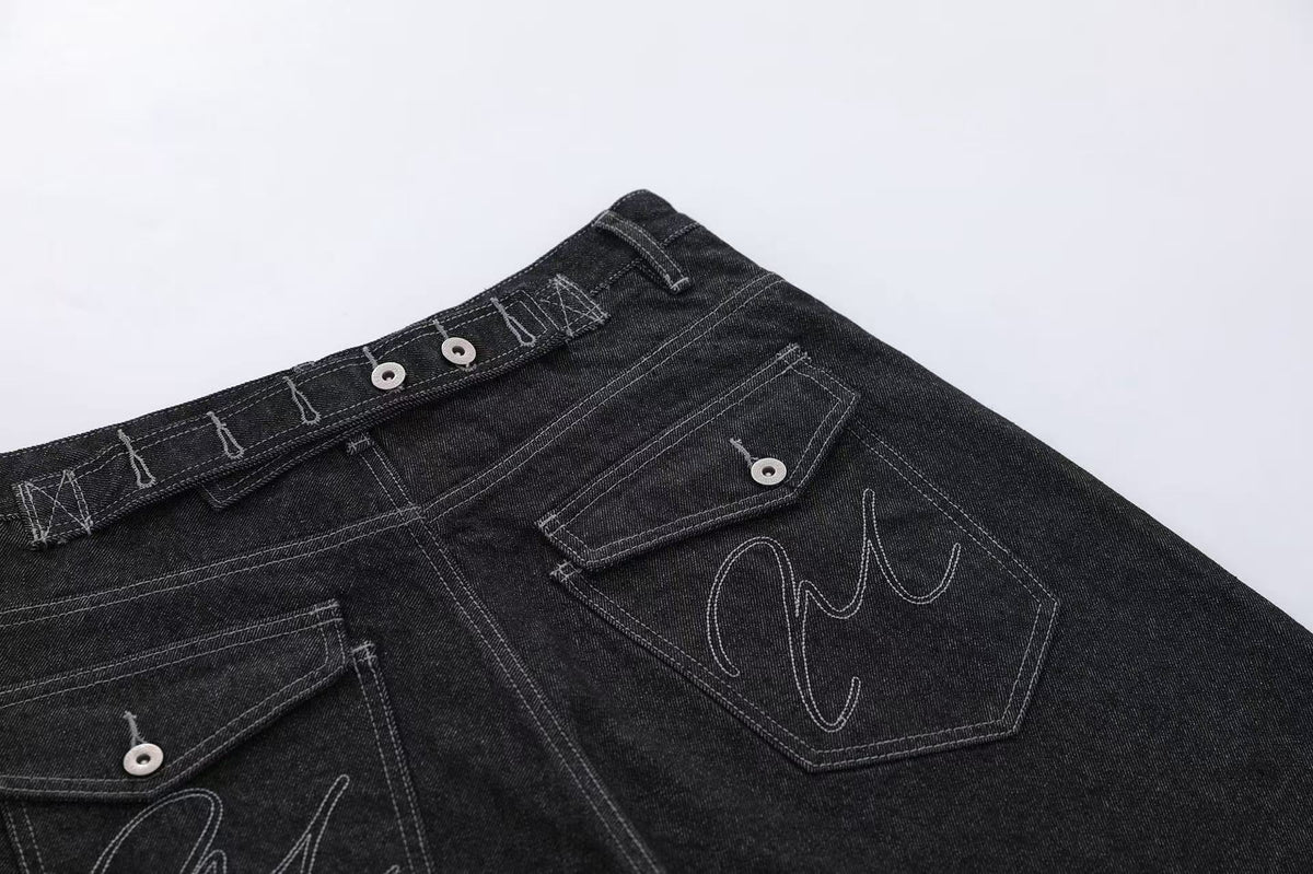 Contrast Pocket Panels Wide-Leg Denim Jorts