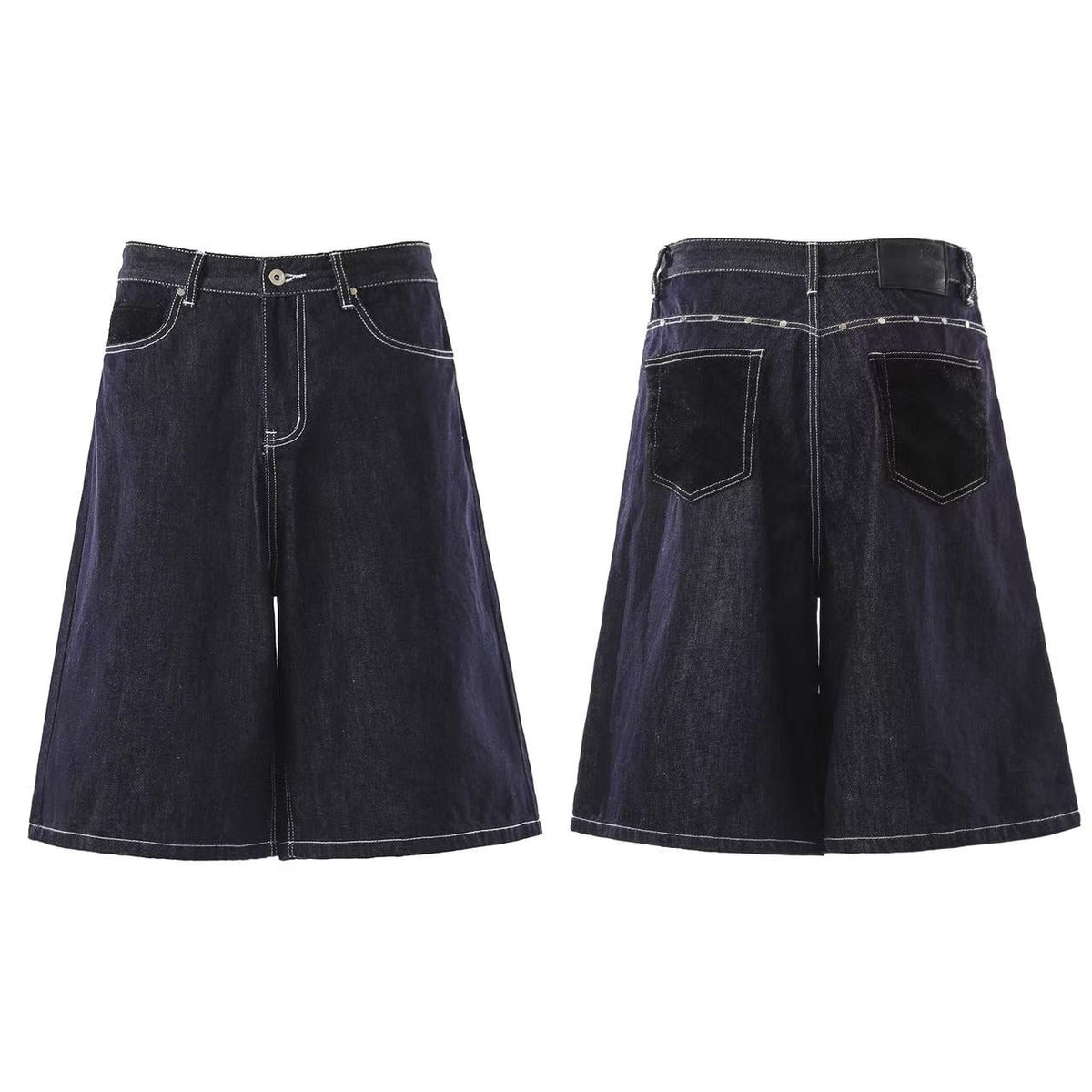 Streetwear Contrast Stitching Wide-Leg Denim Jorts