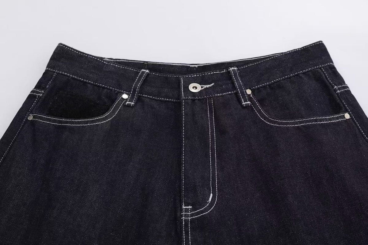 Streetwear Contrast Stitching Wide-Leg Denim Jorts