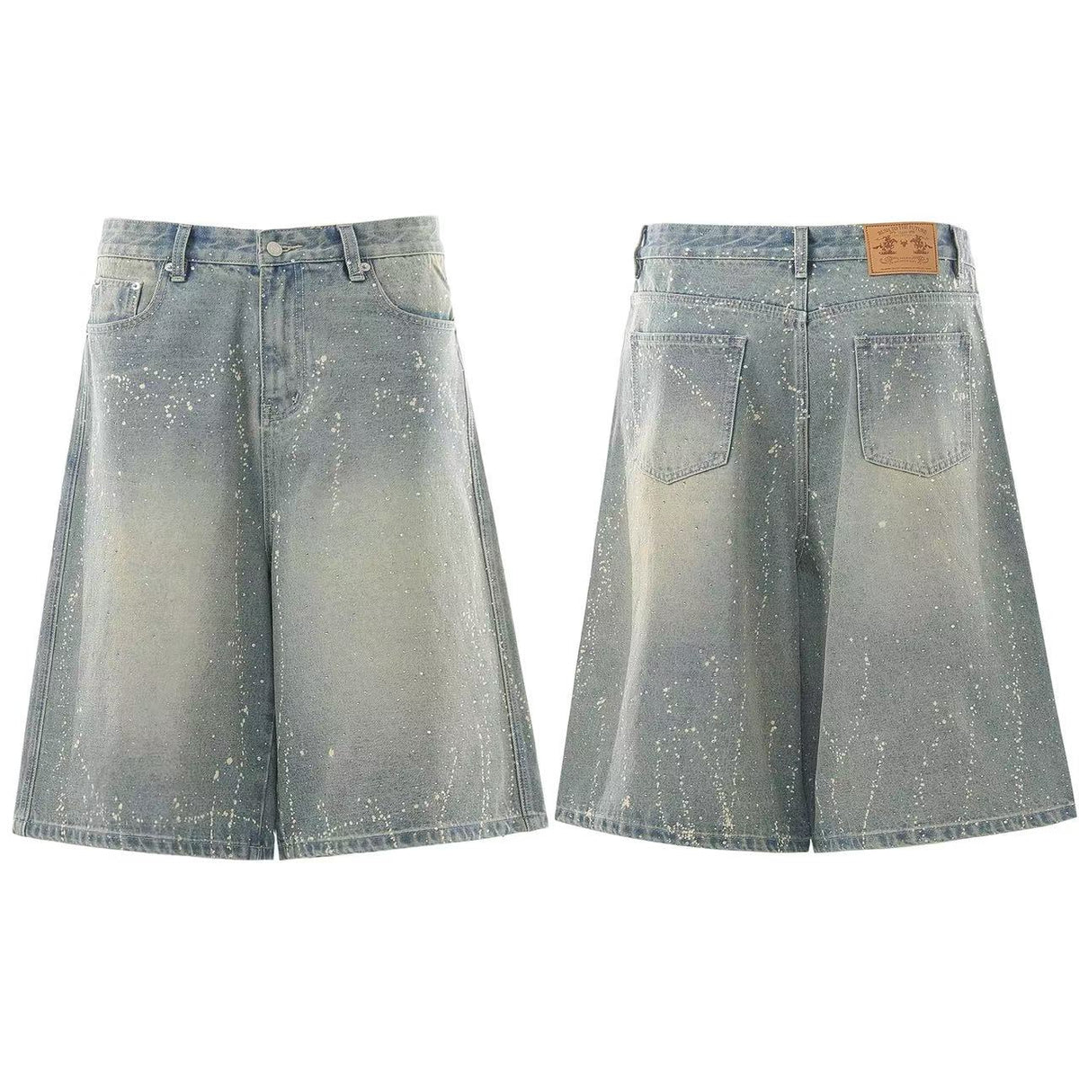 Streetwear Stud Splatter Wash Wide-Leg Denim Jorts