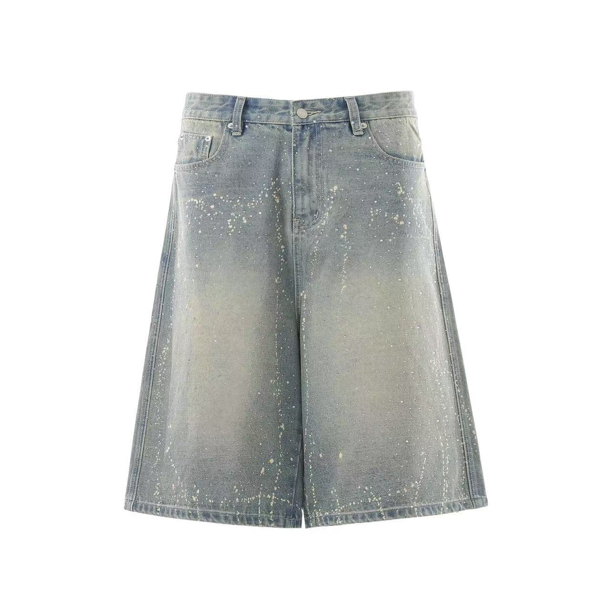 Streetwear Stud Splatter Wash Wide-Leg Denim Jorts