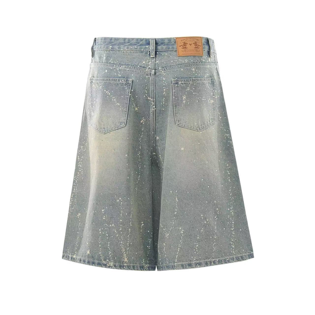 Streetwear Stud Splatter Wash Wide-Leg Denim Jorts