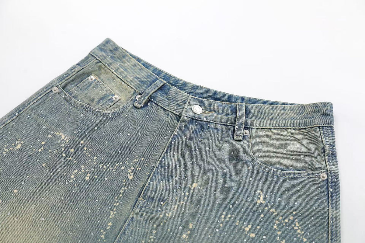 Streetwear Stud Splatter Wash Wide-Leg Denim Jorts