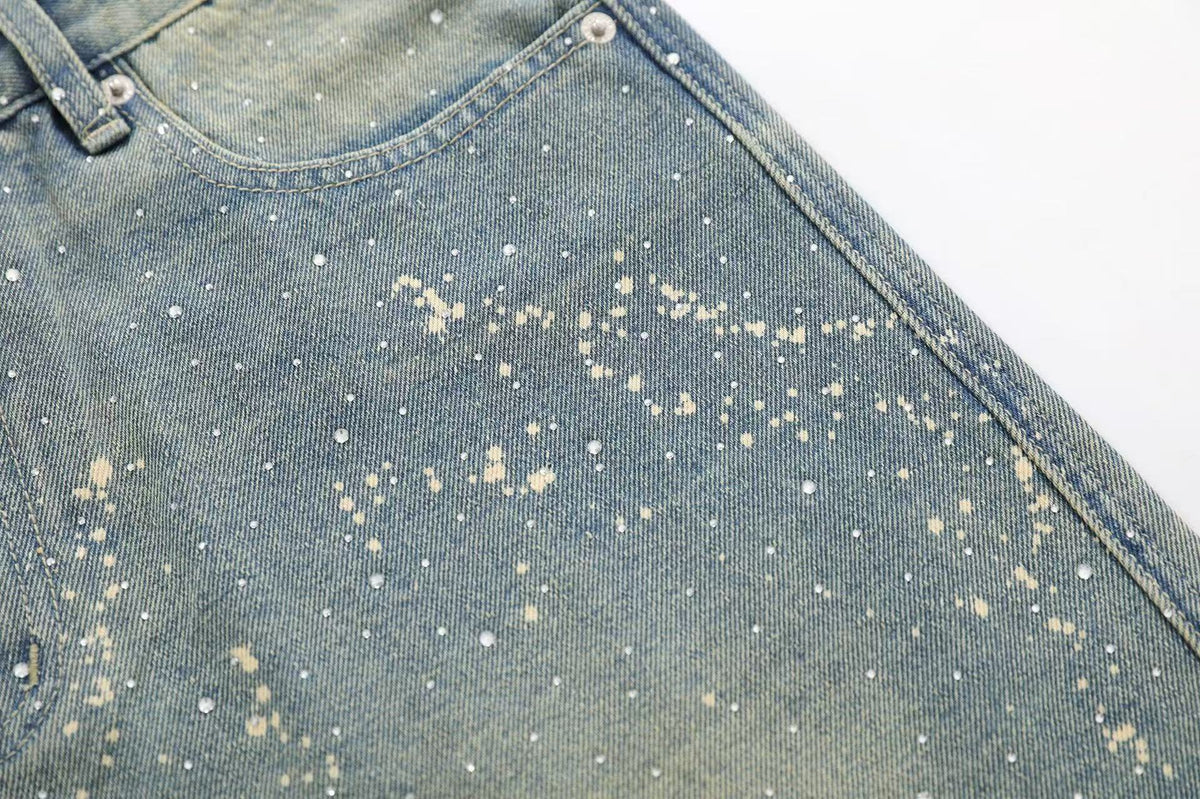 Streetwear Stud Splatter Wash Wide-Leg Denim Jorts
