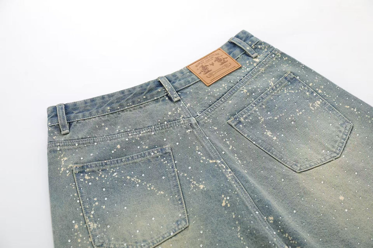 Streetwear Stud Splatter Wash Wide-Leg Denim Jorts