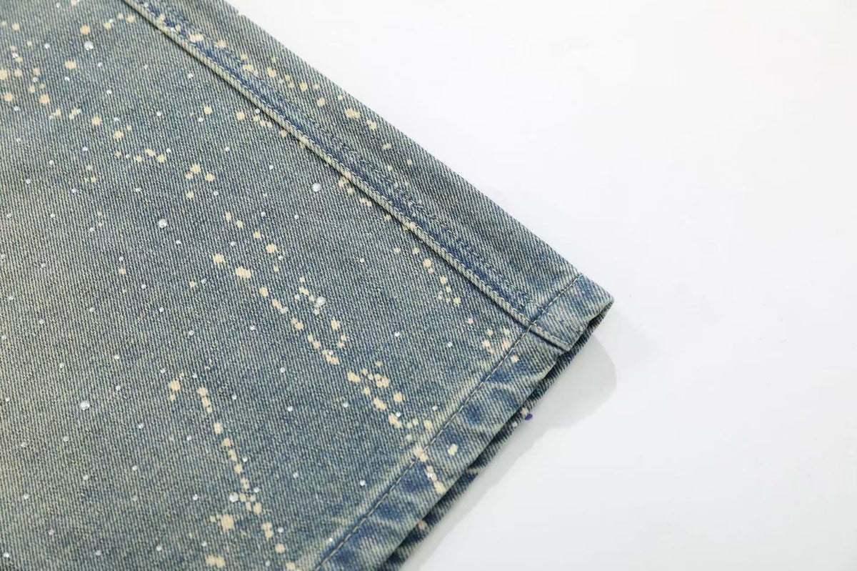Streetwear Stud Splatter Wash Wide-Leg Denim Jorts
