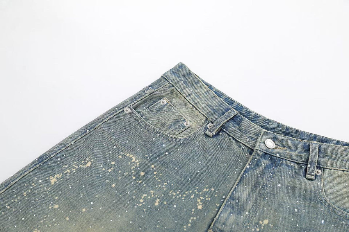 Streetwear Stud Splatter Wash Wide-Leg Denim Jorts