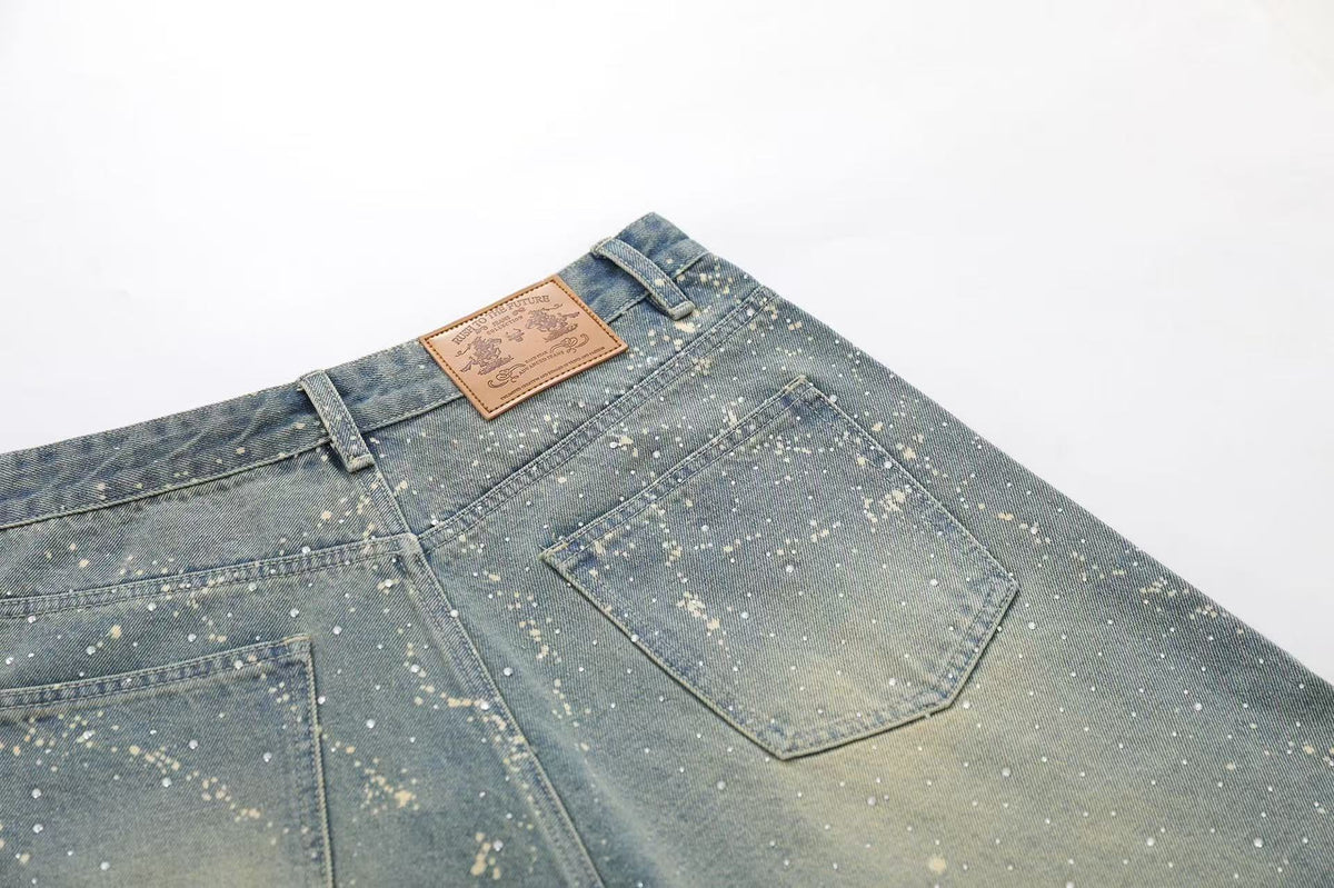 Streetwear Stud Splatter Wash Wide-Leg Denim Jorts
