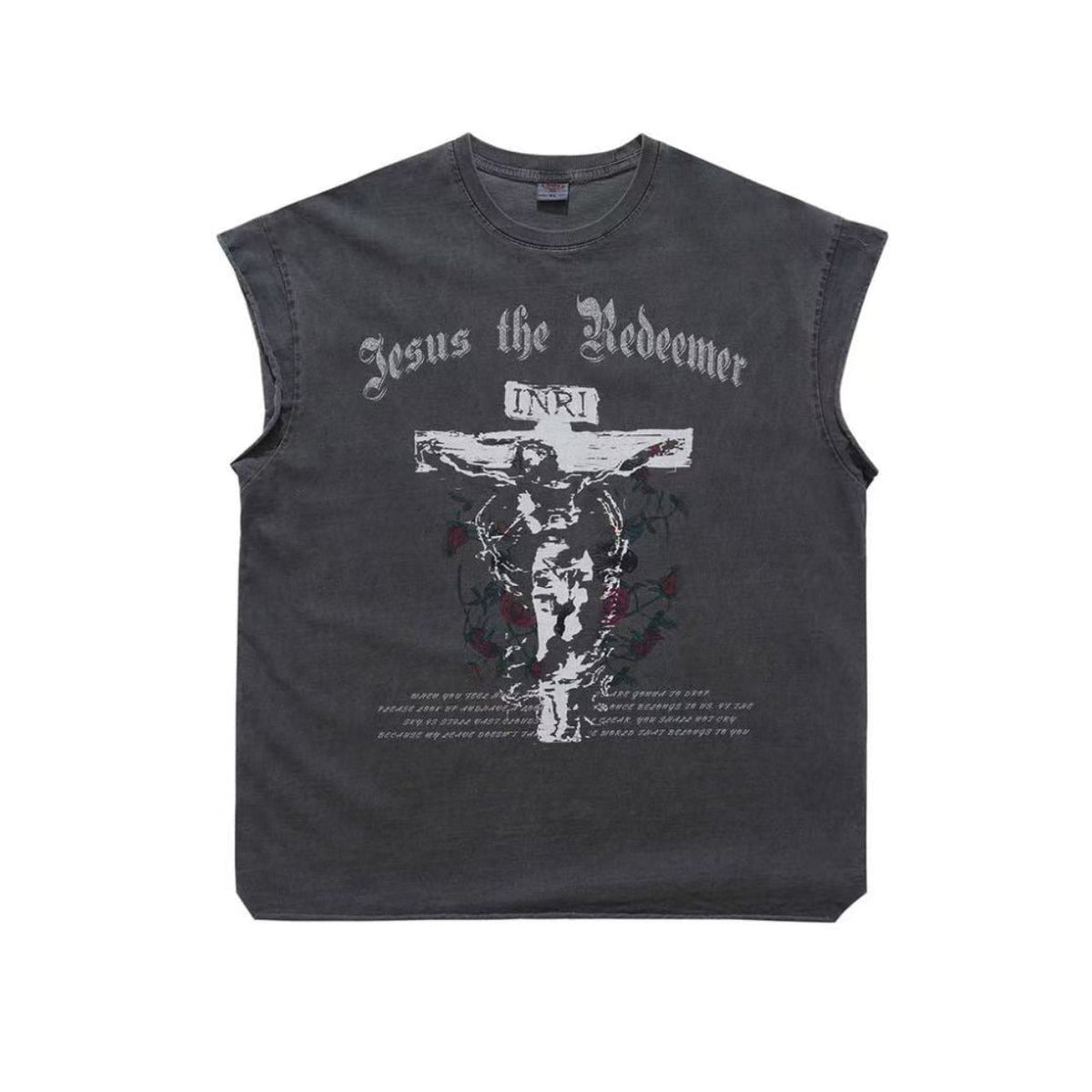 Vintage Wash Jesus Crucifix Rose Print Tank Top