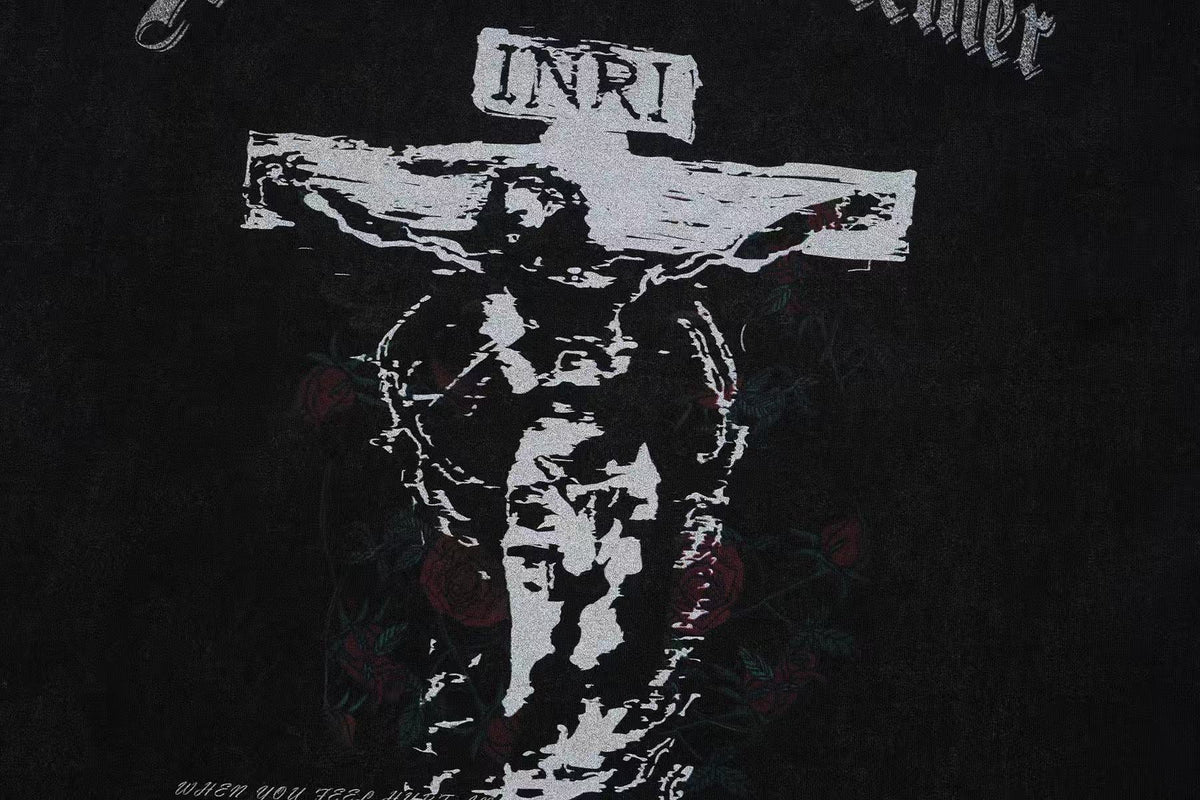 Vintage Wash Jesus Crucifix Rose Print Tank Top