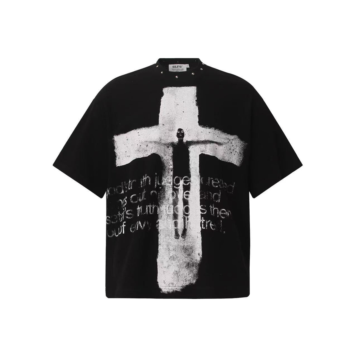 Dark Gothic Stud Cross Text Print T-Shirt