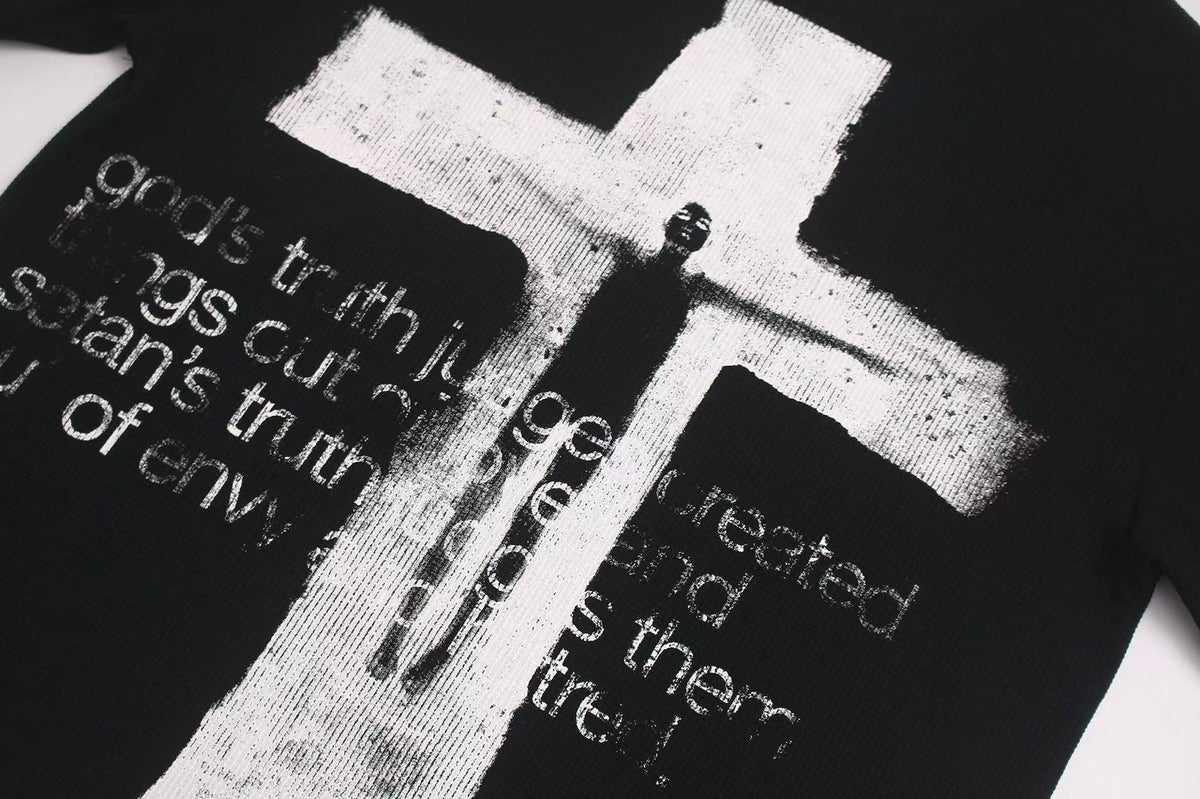 Dark Gothic Stud Cross Text Print T-Shirt