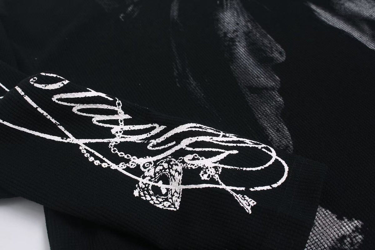 Studded Dark-Gothic Print Waffle Knit Long Sleeve